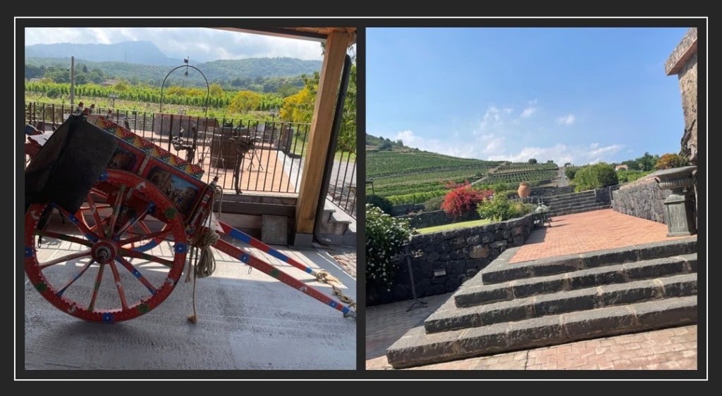 Coucher de soleil sur un vignoble sicilien, spectacle naturel et terroir authentique Charmantes escaliers en pierre dans un site agricole sicilien.