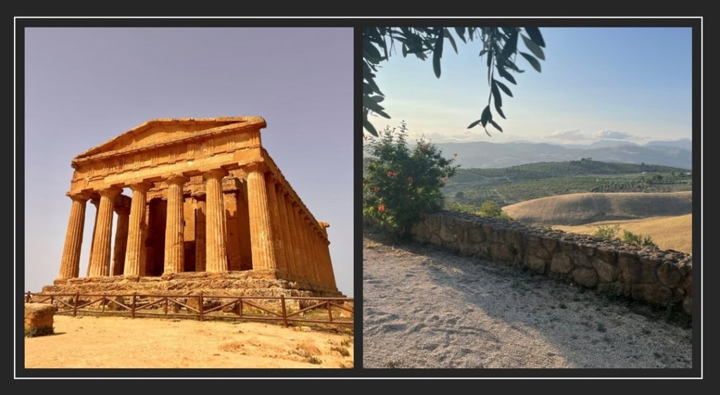 Monument antique et paysage rural en Sicile.