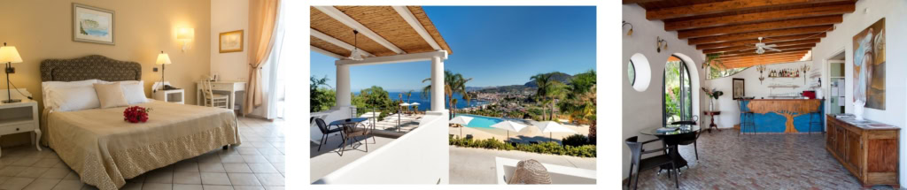 Hotel vila Enrica à Lipari avec vue panoramique sur la mer et la campagne.