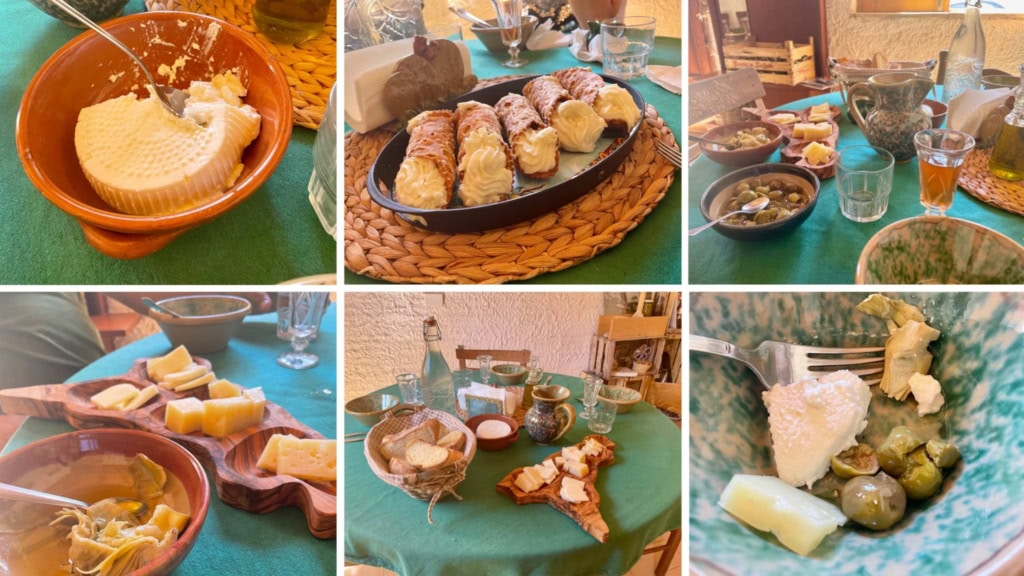 La table se remplit comme seules les tables siciliennes savent le faire. Différents fromages et pecorinos, olives, antipasti, huile d'olive produite localement, un vin rosé. Sicile Mon Amour.